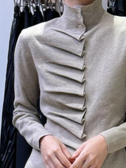 Long Sleeves Pleated Solid Color High Neck Pullovers