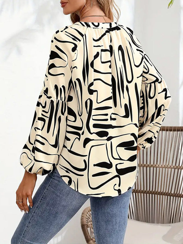 Elasticity Printed Split-Joint Long Sleeves Loose V-Neck T-Shirts Tops