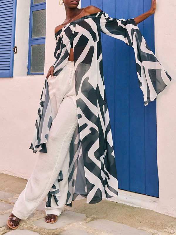 Contrast Color Elasticity Print See-Through Split-Joint Long Sleeves Loose Off-the-shoulder Blouses&shirts Tops
