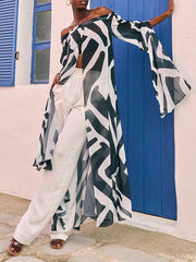 Contrast Color Elasticity Print See-Through Split-Joint Long Sleeves Loose Off-the-shoulder Blouses&shirts Tops