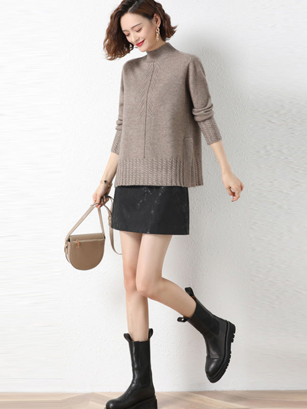 Loose Split-Side Solid Color Half Turtleneck Sweater Tops