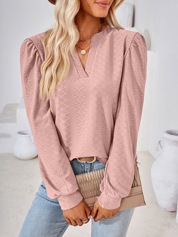Jacquard Solid Color Long Sleeves Loose V-neck T-Shirts Tops