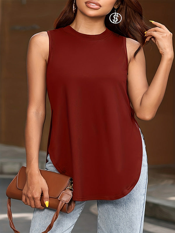 Solid Color Split-Side Loose Sleeveless Round-Neck Vest Top Cover-Ups Tops
