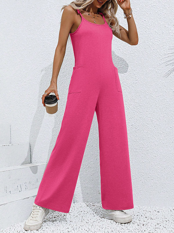 Pockets Solid Color Tied High Waisted Sleeveless Spaghetti-Neck Jumpsuits