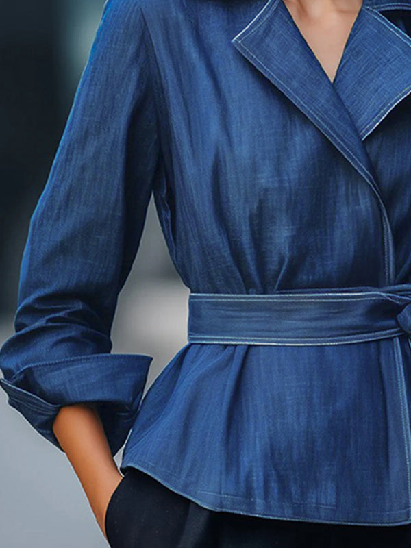 Solid Color Tied Waist Long Sleeves Loose Notched Collar Outerwear