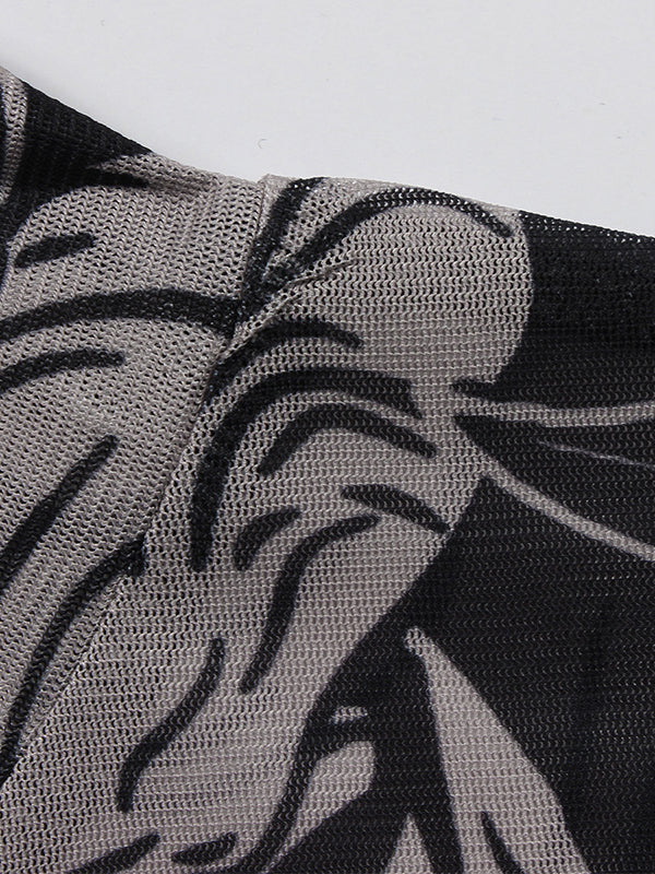 Printed See-Through Split-Joint Long Sleeves Skinny High Neck Maxi Dresses Evening Dresses