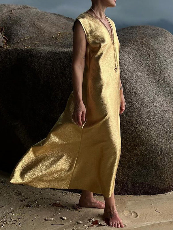 Solid Color Loose Sleeveless Deep V-Neck Maxi Dresses