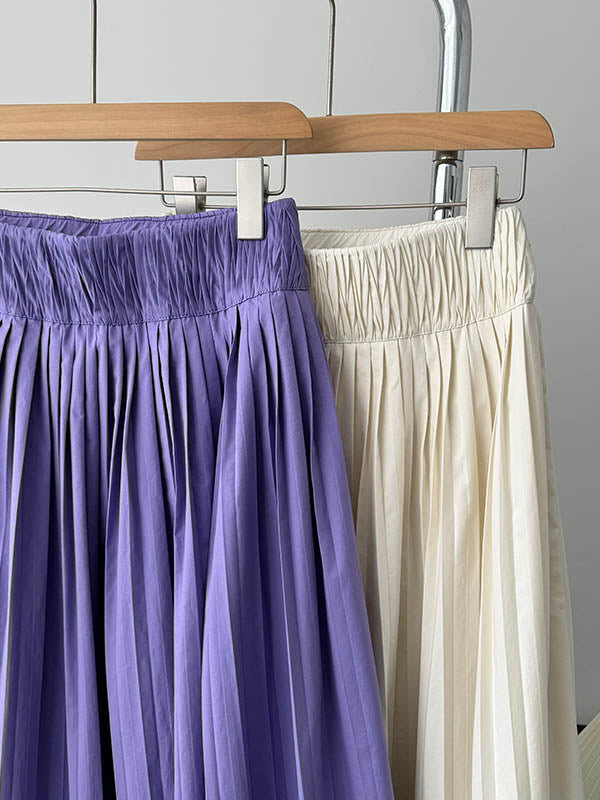 Elasticity Pleated Solid Color A-Line High Waisted Skirts
