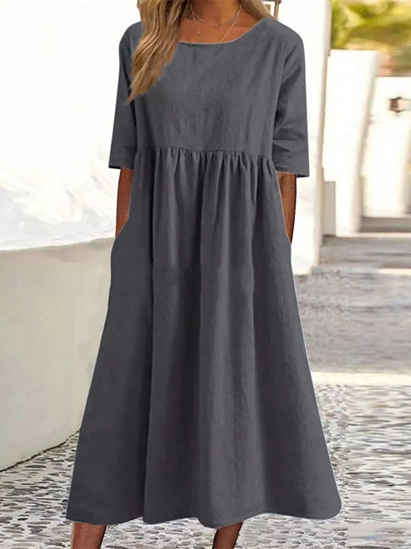 Pleated Pockets Solid Color A-Line Half Sleeves Round-Neck Midi Dresses