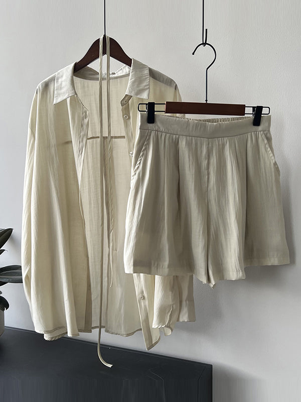 Loose Solid Color Long Sleeves Blouse + Pleated Shorts Two Pieces Set