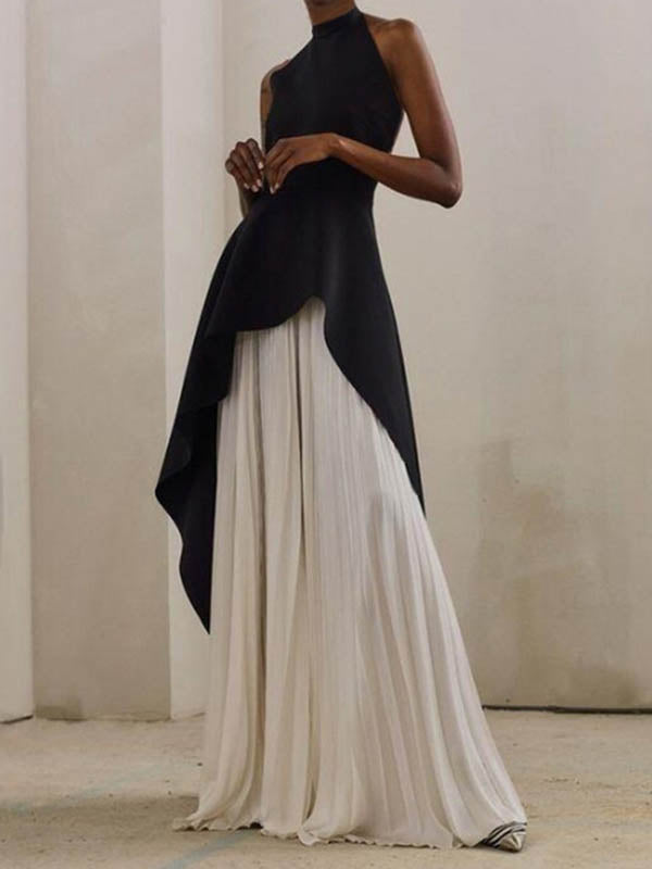 Original Sleeveless Irregularity Solid Color High-Neck T-Shirt Top&Pleated Skirt Bottom Two Pieces Set