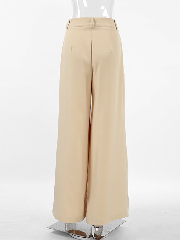 Pleated Solid Color Split-Joint High Waisted Loose Trousers Suit Pants