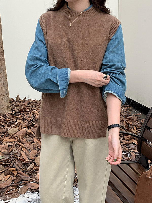 Solid Color Split-Joint Split-side High-low Loose Round-neck Vest Top Knitwear