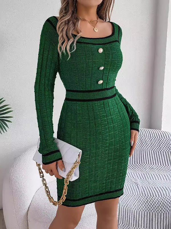 Buttoned Contrast Color Plaid Bodycon Long Sleeves Square-Neck Sweater Dresses Mini Dresses