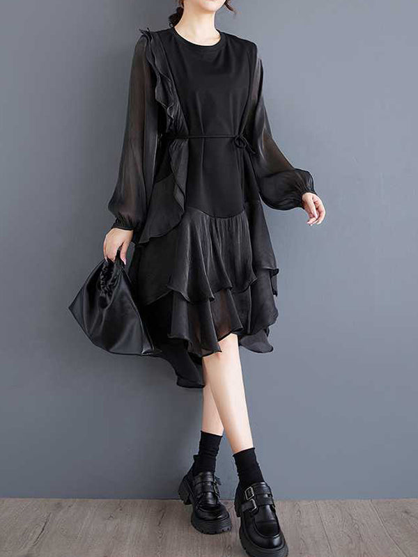 Contrast Color Ruffle Trim Split-Joint High-Low Long Sleeves Round-Neck Midi Dresses