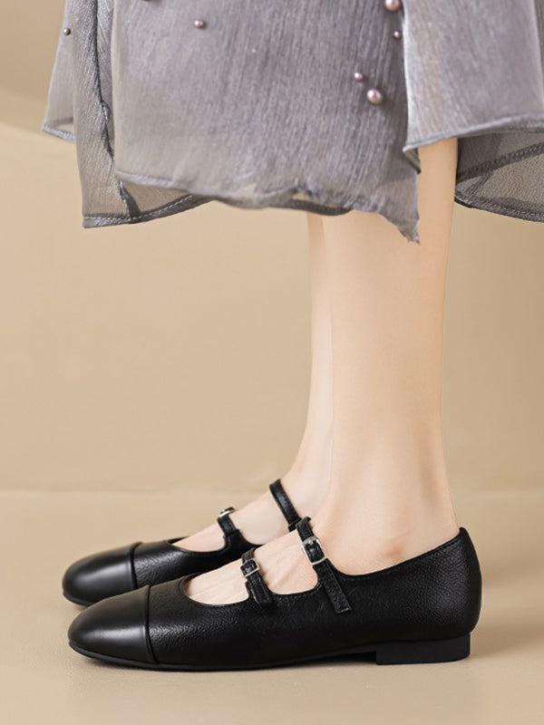 Belt Buckle Round-Toe Split-Joint Mary Janes Flat Shoes