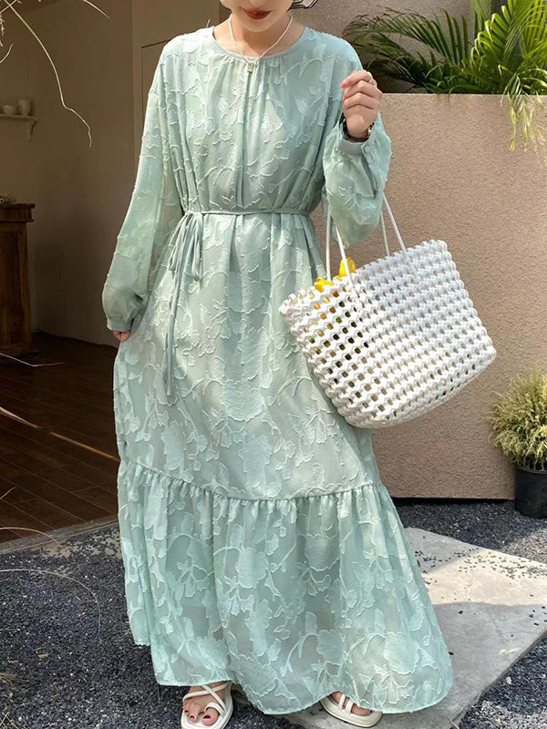 Flower Print Pleated Solid Color Split-Joint Tied Waist Long Sleeves Loose Round-Neck Maxi Dresses