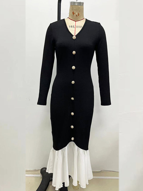 Buttoned Split-Joint Bodycon High Waisted V-neck Maxi Dresses