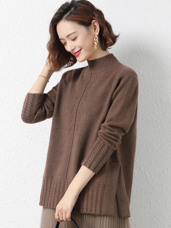 Loose Split-Side Solid Color Half Turtleneck Sweater Tops