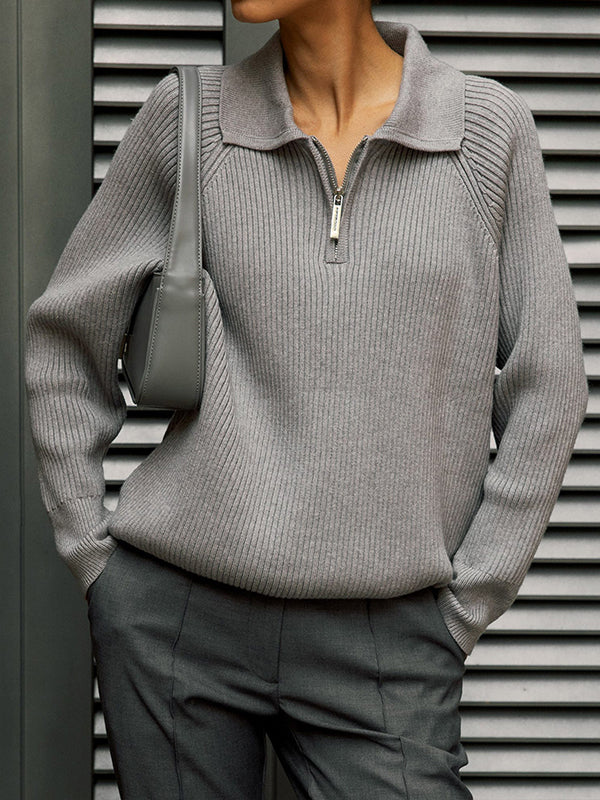 Solid Color Zipper Long Sleeves Loose Lapel Sweater Tops Pullovers