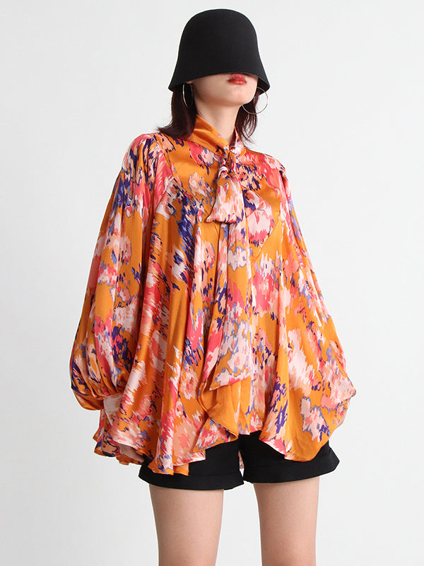 Loose Printed Puff Sleeves Pleated Stand Collar Blouses