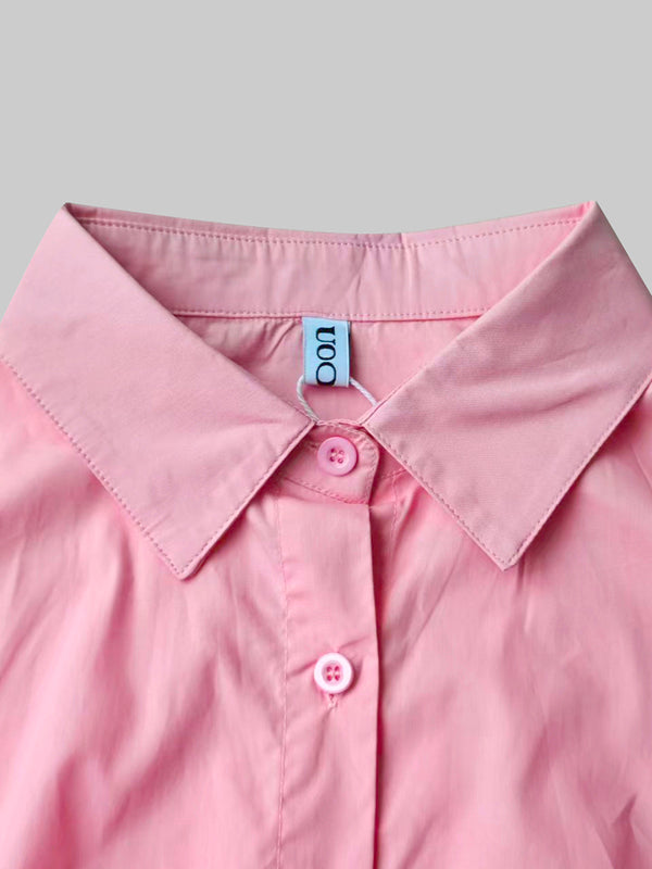 Buttoned Pleated Pockets Solid Color Long Sleeves Loose Lapel Midi Dresses