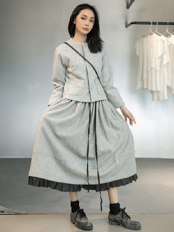 Urban Long Sleeves Buttoned Round-Neck Jacket Top+ Split-Joint Skirt Two Pieces Set