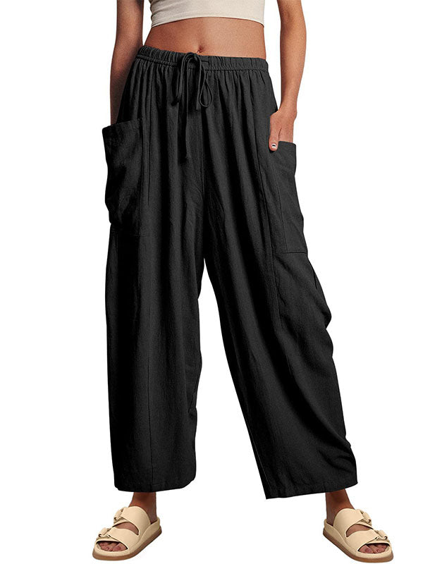 Drawstring Elasticity Pleated Pockets Solid Color High Waisted Loose Trousers Ninth Pants