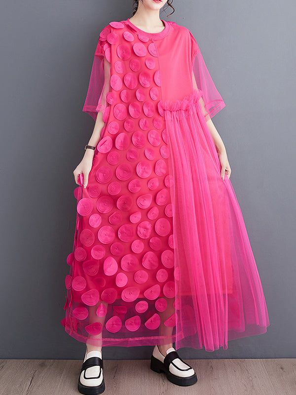 Asymmetric Gauze Split-Joint Loose Short Sleeves Round-Neck Midi Dresses