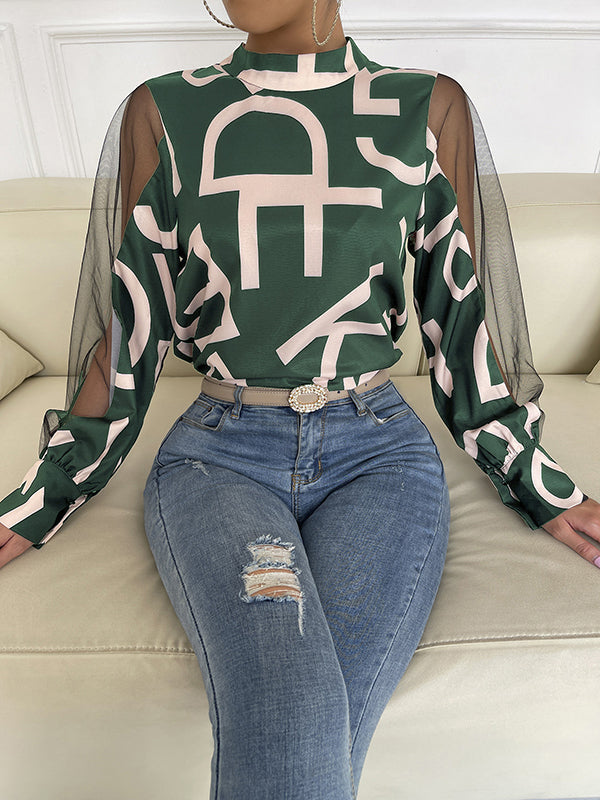 Buttoned Hollow Letter Print See-Through Split-Joint Long Sleeves Round-neck Shirts Tops Blouses&shirts Tops