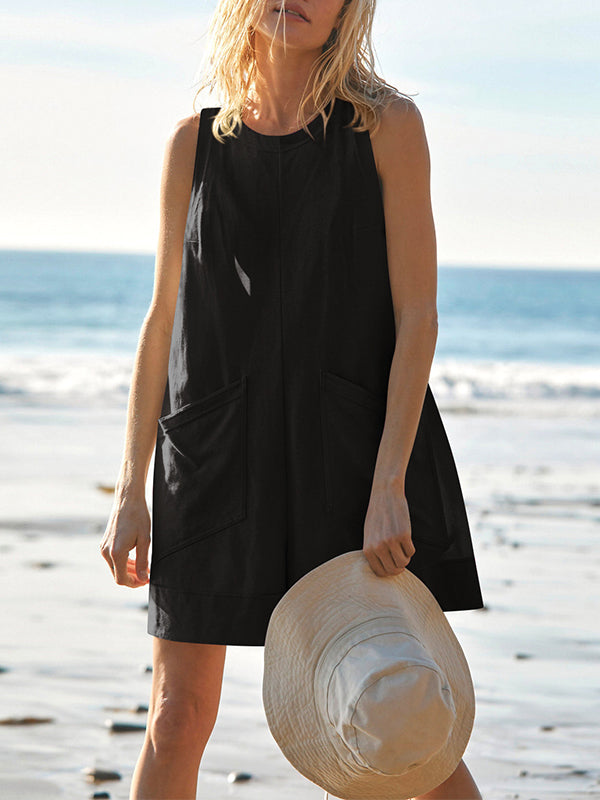 Pockets Solid Color Loose Sleeveless Round-Neck Rompers