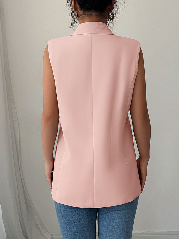 Buttoned Pockets Loose Sleeveless Notched Collar Vest Top Blazer