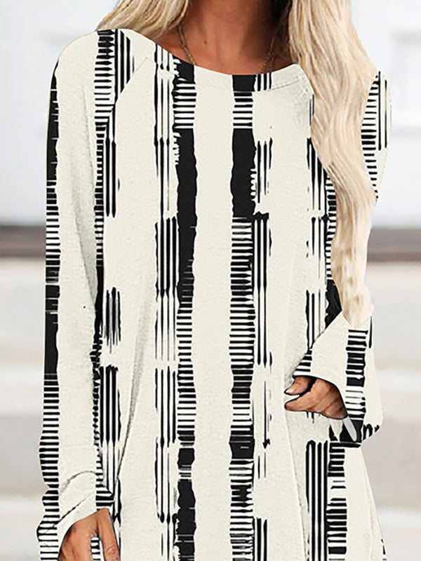 Plaid Printed High-low Long Sleeves Round-neck T-Shirts Tops