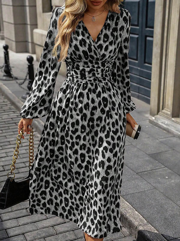 Contrast Color Leopard Pleated Split-Joint Elasticated Waist High Waisted V-Neck Maxi Dresses