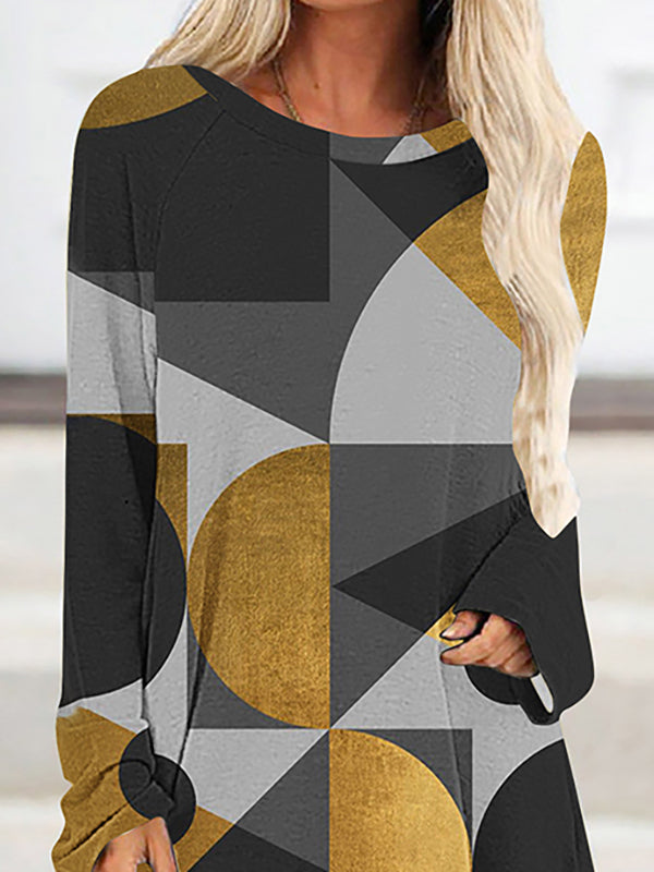 Contrast Color Printed High-Low Long Sleeves Round-Neck T-Shirts Tops