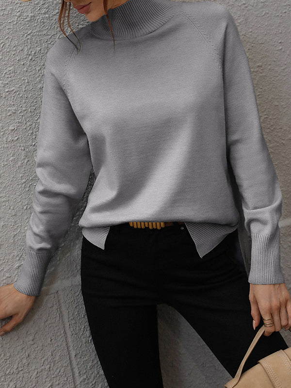 Solid Color Split-Side High-Low Long Sleeves High Neck Sweater Tops Pullovers