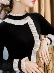 Asymmetric Contrast Color Split-Joint Long Sleeves Ruffle Sleeves Half Turtleneck T-Shirts Tops