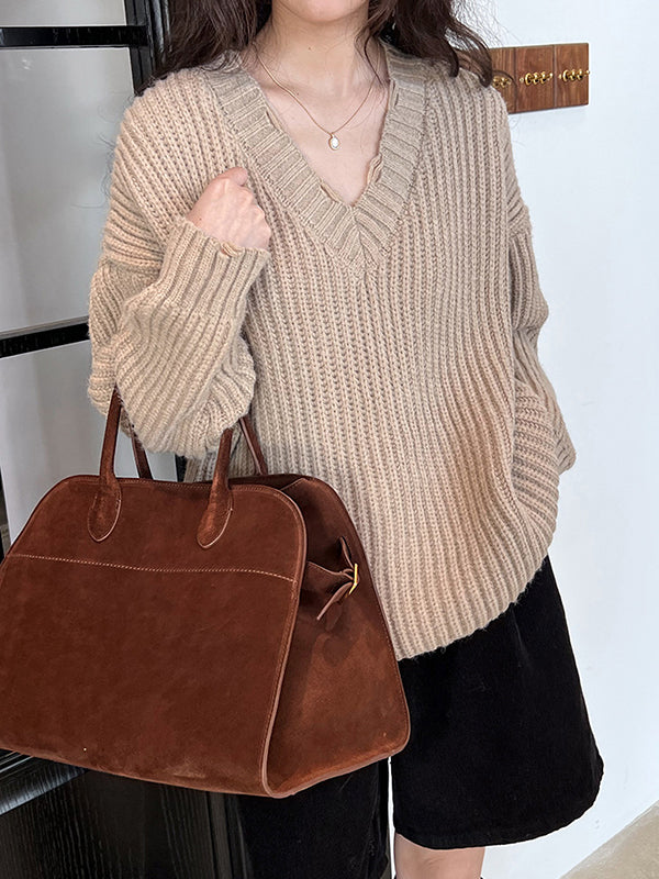 Hollow Solid Color Long Sleeves Loose V-Neck Sweater Tops Pullovers