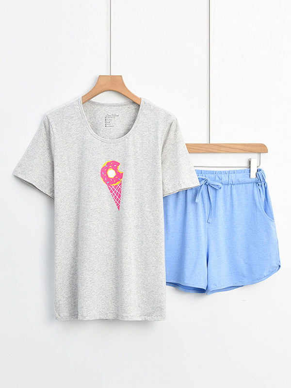 Contrast Color Printed Short Sleeves Round-neck Two Pieces Pajama Set