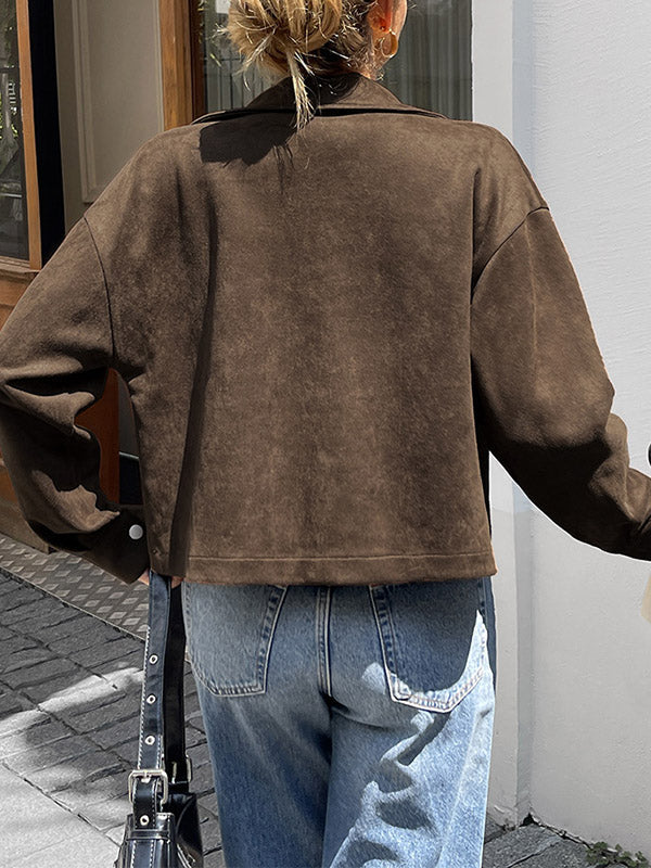 Pockets Solid Color Zipper Long Sleeves Loose Lapel Outerwear Jackets