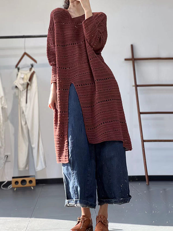 Hollow Solid Color Split-front Long Sleeves Loose Round-neck Sweater Tops