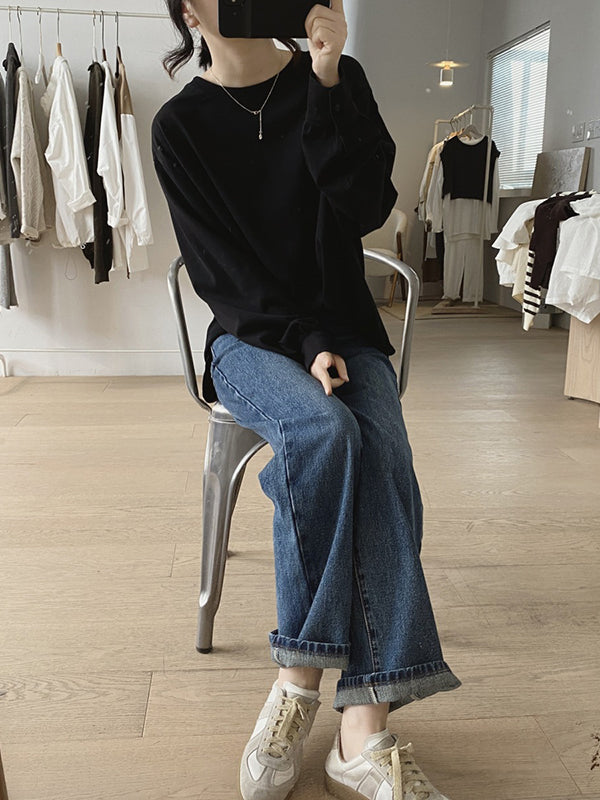 Solid Color Long Sleeves Loose Round-neck T-Shirts Tops