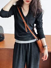 Buttoned Long Sleeves Hooded  T-Shirts Top + Vest Top + Wide Leg Drawstring Elasticity Pants Bottom Three Pieces Set