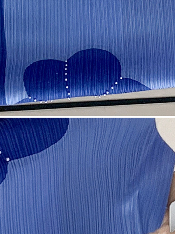 Original Long Sleeves Loose Contrast Color Pleated Beaded Stand Collar Midi Dresses