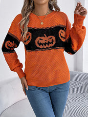 Contrast Color Split-Joint Long Sleeves Loose Round-Neck Sweater Tops Pullovers