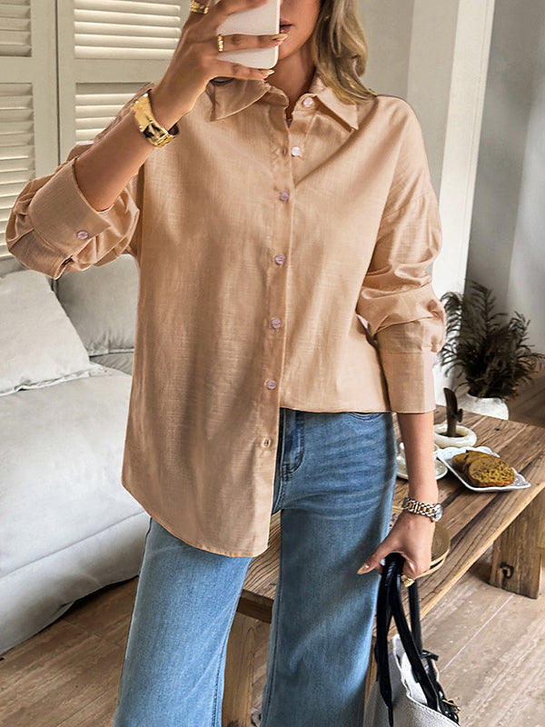 Buttoned Solid Color Long Sleeves Loose Lapel Blouses&shirts Tops