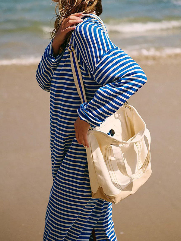 Contrast Color No Belt Split-Joint Striped Long Sleeves Loose Round-Neck Maxi Dresses