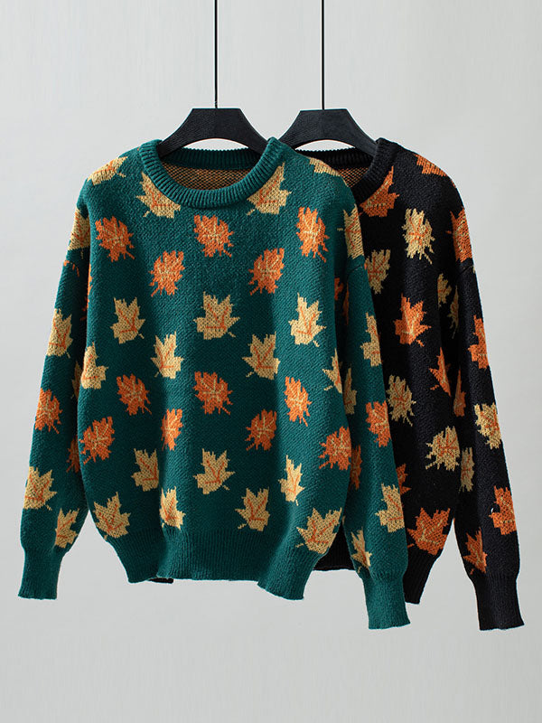 Contrast Color Jacquard Knitted Leaves Split-Joint Long Sleeves Loose Round-Neck Sweater Tops Pullovers