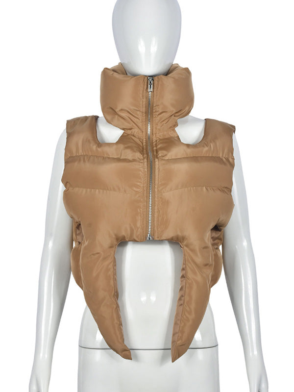 Hollow Solid Color Zipper Loose Sleeveless Stand Collar Padded Vest