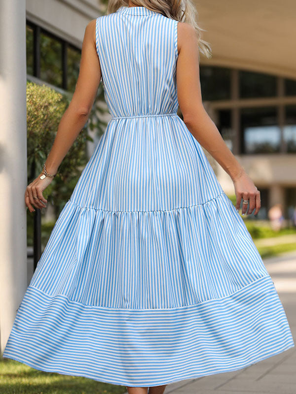 Pleated Split-Joint Striped Loose Sleeveless V-Neck Shirt Dress Midi Dresses